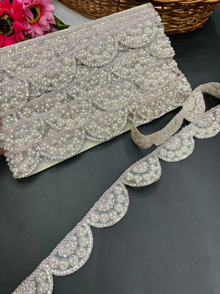 Pearl Scalloped Premium Gold Embroidered Designer Lace - Rose Gold